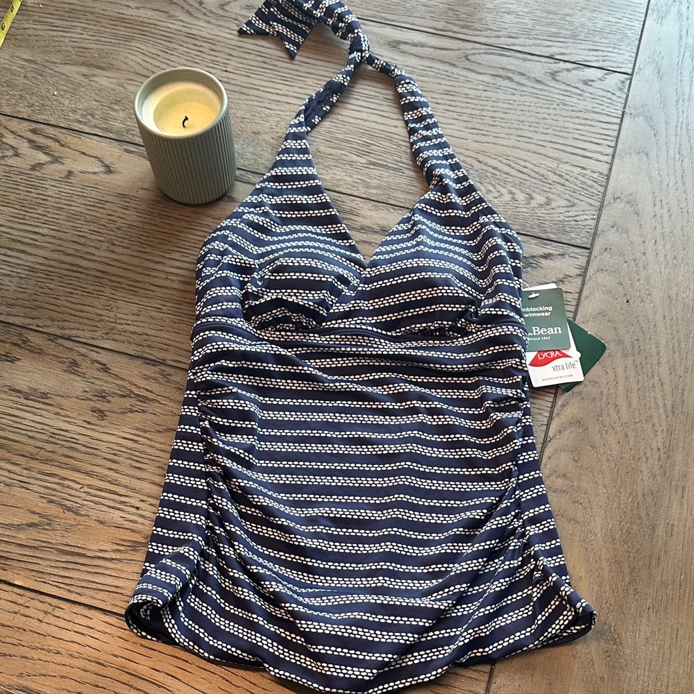 L.L. Bean Halter Tankini Swim Top Blue White Striped Ruched Size 4 NWT